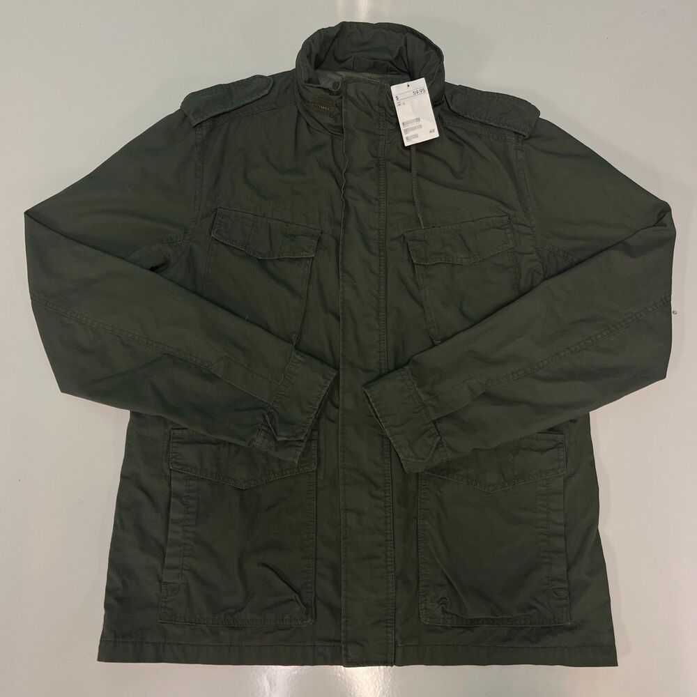 H&M LOGG Jacket Mens Large Green Military Utility Field Jacket Full Zip Casual